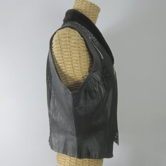 Vtg TAPP New York Womens M Black Gray Tree Print Lamb Leather Vest Fur Collar - Picture 12 of 13